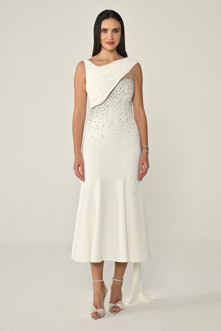 Şal Aksesuarlı Taşlı Krep Midi Elbise Beyaz - 38