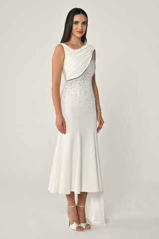 Şal Aksesuarlı Taşlı Krep Midi Elbise Beyaz - 38