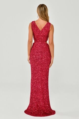 Kalın Askılı V Yaka Önden Yırtmaçlı Payet Uzun Elbise Fuşya - 44