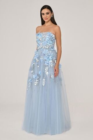 Straplez 3 Boyut Çiçek Aksesuarlı Tül Uzun Elbise MAVİ - 38