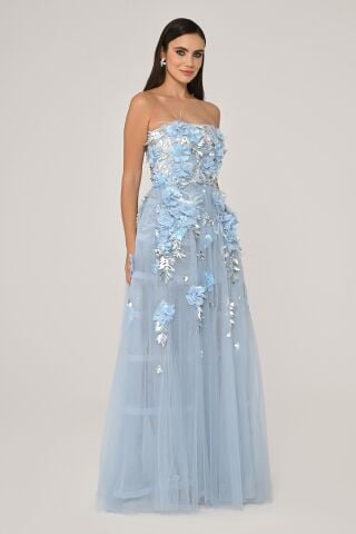 Straplez 3 Boyut Çiçek Aksesuarlı Tül Uzun Elbise MAVİ - 38