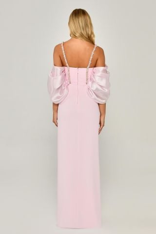 Trägerloses, tiefes Ballonärmel-Schlitz-Langkleid Rosa - 40