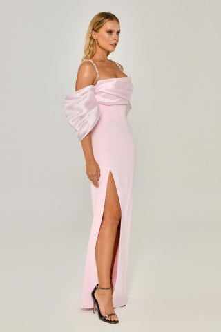 Trägerloses, tiefes Ballonärmel-Schlitz-Langkleid Rosa - 40