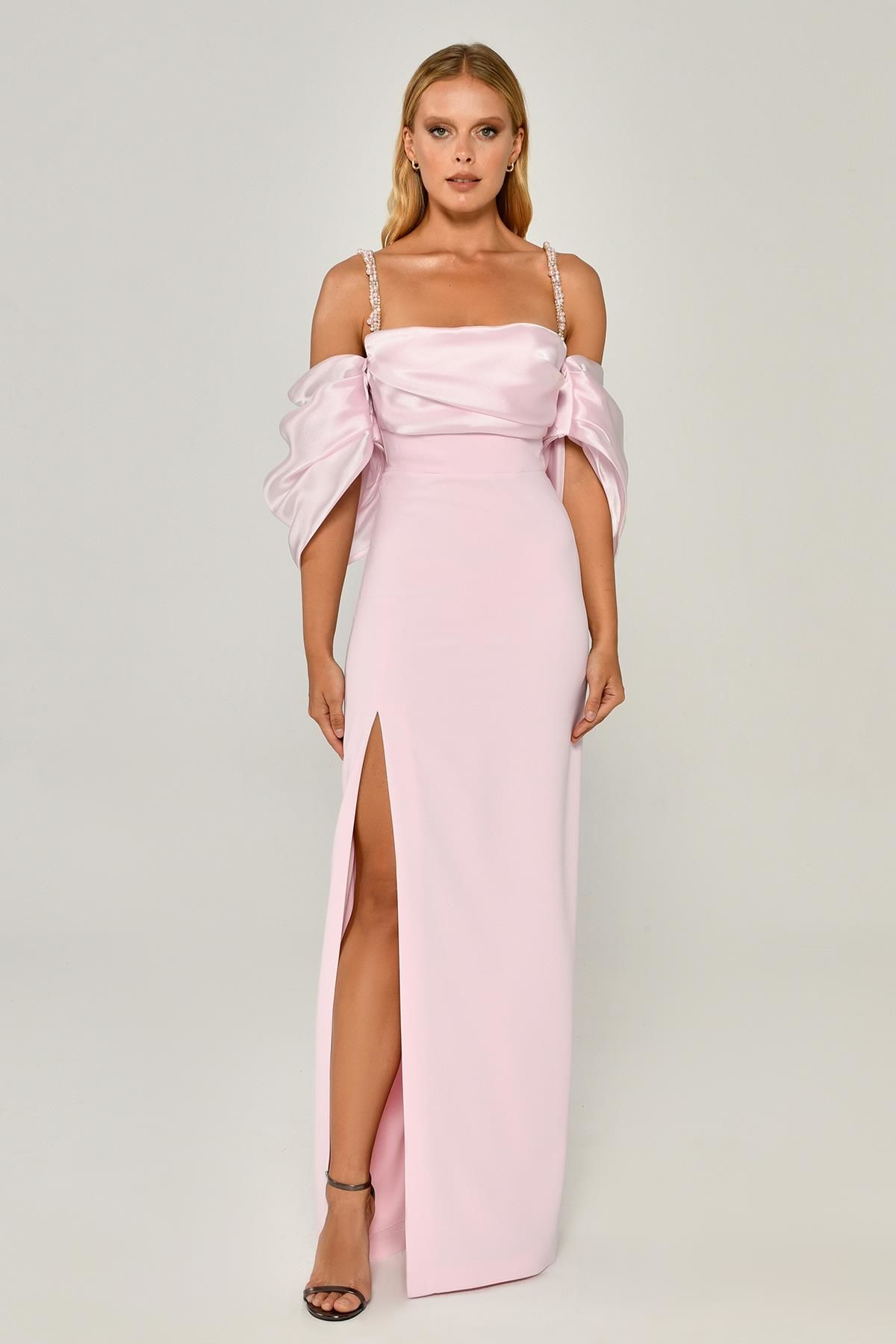 Trägerloses, tiefes Ballonärmel-Schlitz-Langkleid Rosa - 40