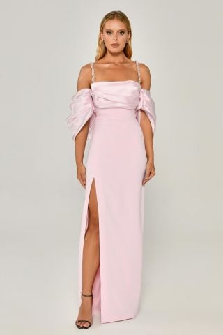 Trägerloses, tiefes Ballonärmel-Schlitz-Langkleid Rosa - 40