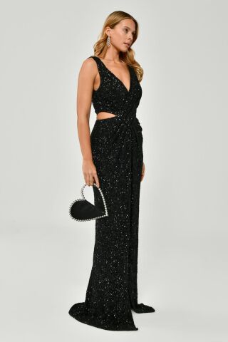 Kalın Askılı V Yaka Önden Yırtmaçlı Payet Uzun Elbise Siyah - 42