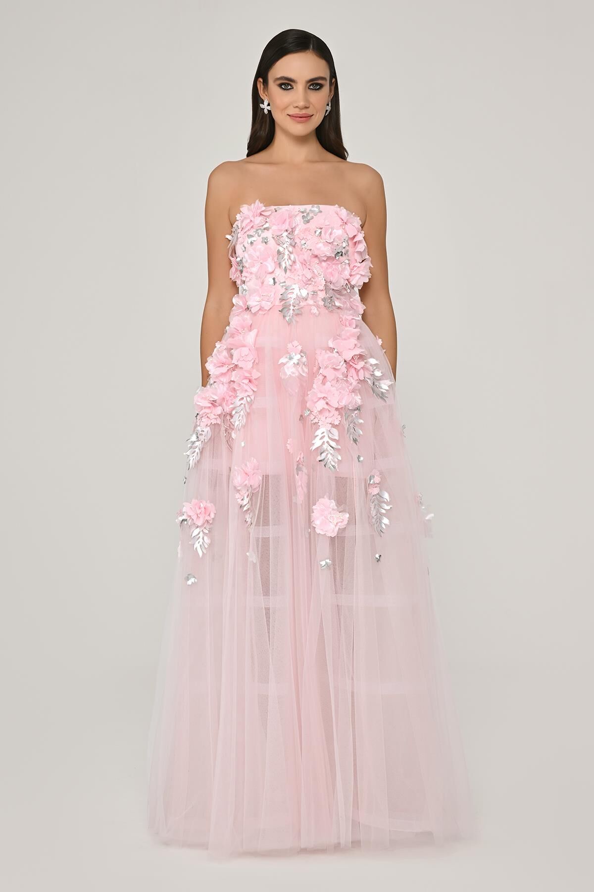 Straplez 3 Boyut Çiçek Aksesuarlı Tül Uzun Elbise Pembe - 36
