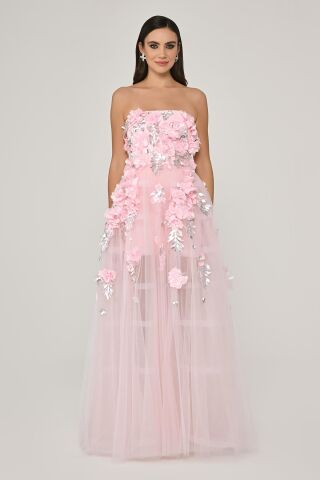 Straplez 3 Boyut Çiçek Aksesuarlı Tül Uzun Elbise Pembe - 36