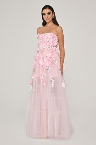 Straplez 3 Boyut Çiçek Aksesuarlı Tül Uzun Elbise Pembe - 36