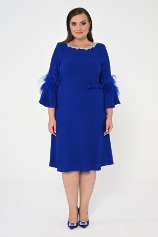 Taşlı Bisiklet Yaka Kolları Tüylü Krep Midi Elbise SAKS - 44