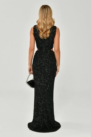 Kalın Askılı V Yaka Önden Yırtmaçlı Payet Uzun Elbise Siyah - 44