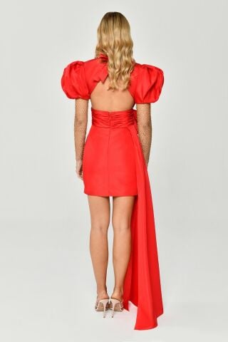 Taşlı File Kol V Yaka Yandan Kuyruklu Tafta Kumaş Kısa Elbise Kırmızı - 42