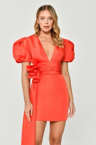 Taşlı File Kol V Yaka Yandan Kuyruklu Tafta Kumaş Kısa Elbise ORANGE - 36