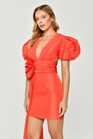 Taşlı File Kol V Yaka Yandan Kuyruklu Tafta Kumaş Kısa Elbise ORANGE - 36