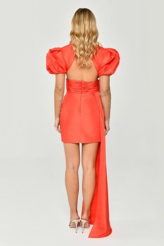 Taşlı File Kol V Yaka Yandan Kuyruklu Tafta Kumaş Kısa Elbise ORANGE - 36