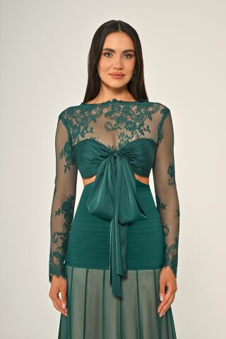 Üst Dantel Göğüs Saten Bağlamalı Eteği Şifon Uzun Elbise ZÜMRÜT - 38