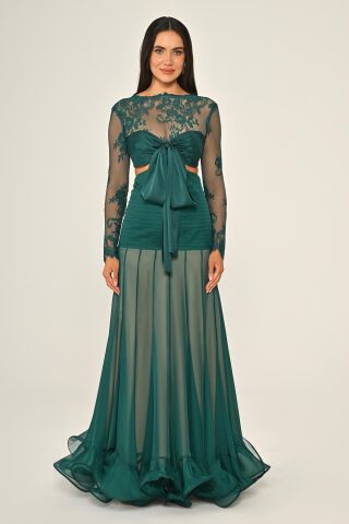 Üst Dantel Göğüs Saten Bağlamalı Eteği Şifon Uzun Elbise ZÜMRÜT - 42