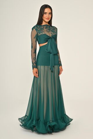 Üst Dantel Göğüs Saten Bağlamalı Eteği Şifon Uzun Elbise ZÜMRÜT - 42