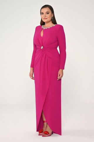 Uzun Kollu Yakası Taşlı Vatkalı Krep Uzun Elbise Fuşya - 46