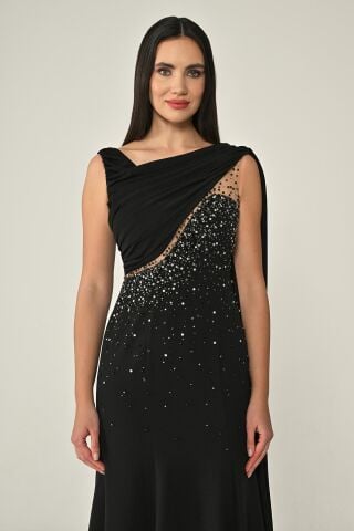 Şal Aksesuarlı Taşlı Krep Midi Elbise Siyah - 40