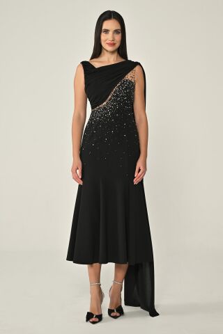 Şal Aksesuarlı Taşlı Krep Midi Elbise Siyah - 42