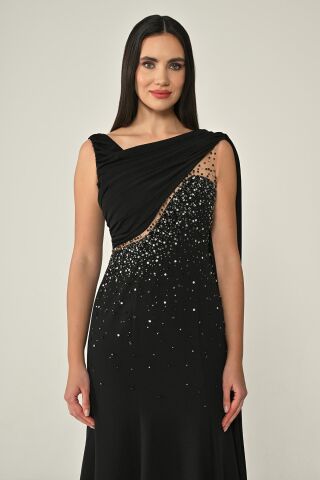 Şal Aksesuarlı Taşlı Krep Midi Elbise Siyah - 42