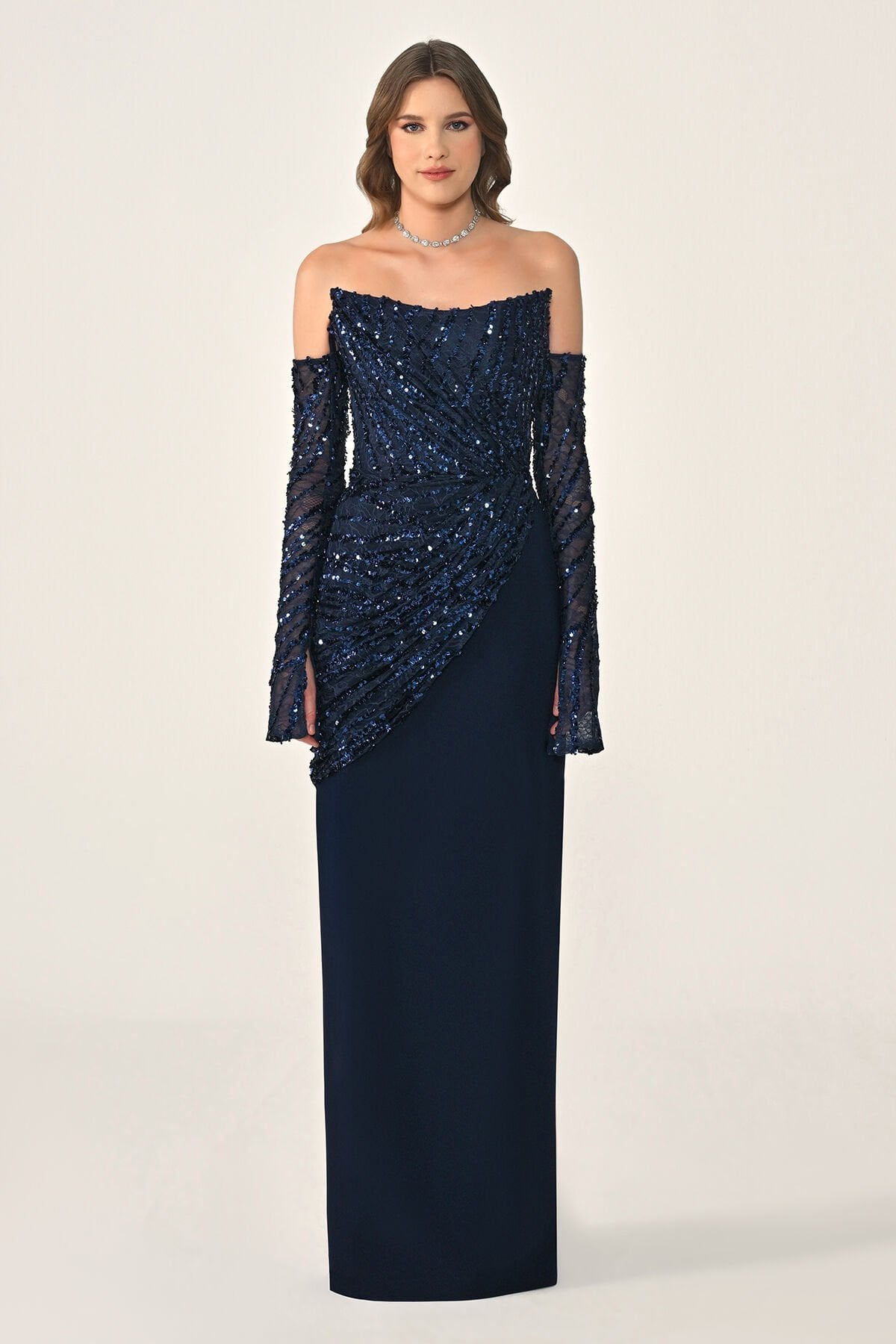 Straplez Kollu Üst Payet Etek Örme Kumaş Uzun Elbise