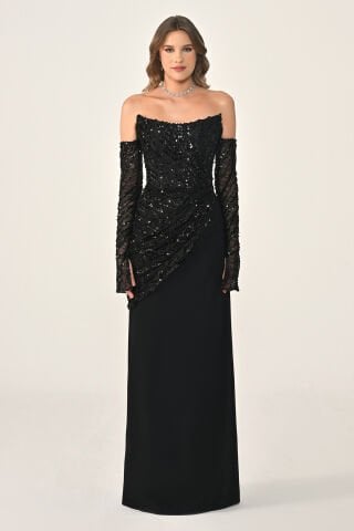 Straplez Kollu Üst Payet Etek Örme Kumaş Uzun Elbise