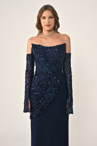 Straplez Kollu Üst Payet Etek Örme Kumaş Uzun Elbise