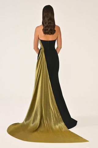 Straplez Üstü İşlemeli Kuyruklu Krep Uzun Elbise SİYAH / OLİVE - 44