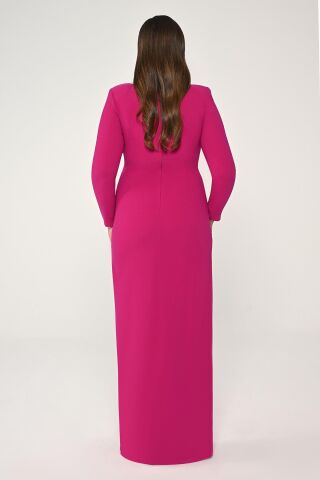 Uzun Kollu Yakası Taşlı Vatkalı Krep Uzun Elbise Fuşya - 42