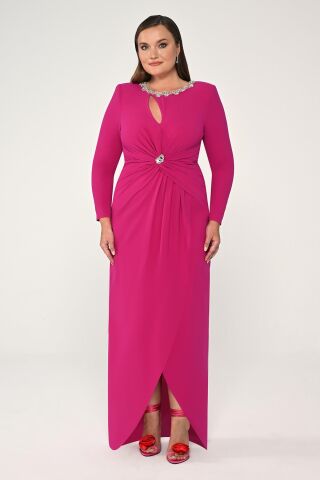 Uzun Kollu Yakası Taşlı Vatkalı Krep Uzun Elbise Fuşya - 42
