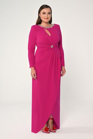 Uzun Kollu Yakası Taşlı Vatkalı Krep Uzun Elbise Fuşya - 42