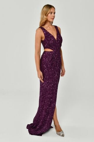 Kalın Askılı V Yaka Önden Yırtmaçlı Payet Uzun Elbise Mürdüm - 40