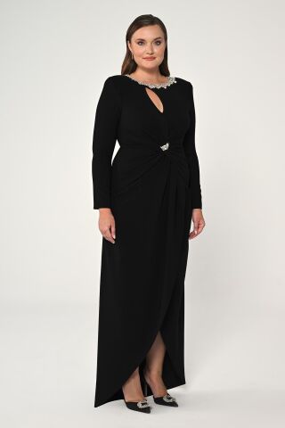Uzun Kollu Yakası Taşlı Vatkalı Krep Uzun Elbise Siyah - 42