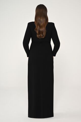 Uzun Kollu Yakası Taşlı Vatkalı Krep Uzun Elbise Siyah - 42