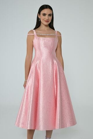Strap Neck Stone Accessory Brocade Fabric Midi Dress Pink - 40