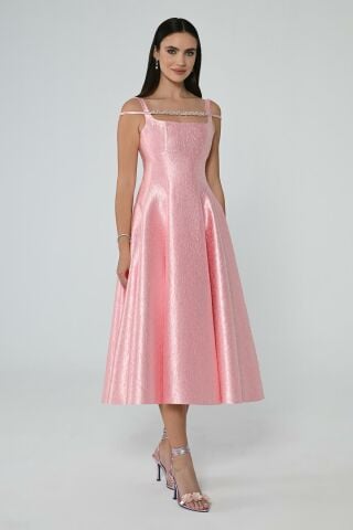 Strap Neck Stone Accessory Brocade Fabric Midi Dress Pink - 40