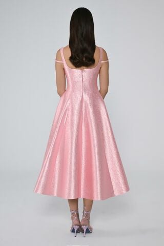Strap Neck Stone Accessory Brocade Fabric Midi Dress Pink - 40