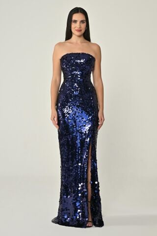 Strapless Front Slit Sequin Long Dress