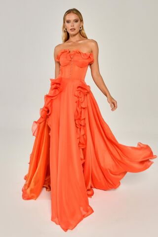 Straplez Fırfırlı Çift Yırtmaçlı Şifon Uzun Elbise ORANGE - 38