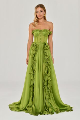 Trägerloses, langes Chiffonkleid mit Rüschen und doppeltem Schlitz, Grün - 42