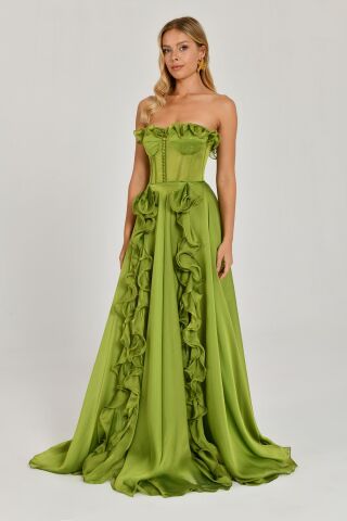 Trägerloses, langes Chiffonkleid mit Rüschen und doppeltem Schlitz, Grün - 42