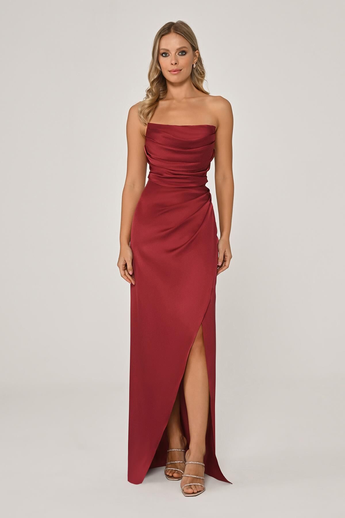 Straplez Saten Uzun Elbise ŞARAP - 36