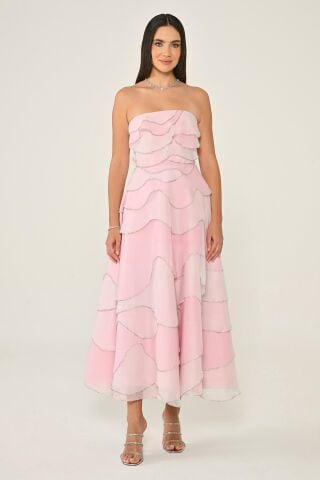 Trägerloses, mehrlagiges Organza-Midikleid mit Steinbesatz
