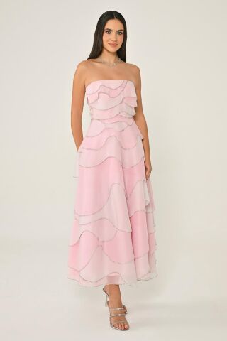 Trägerloses, mehrlagiges Organza-Midikleid mit Steinbesatz
