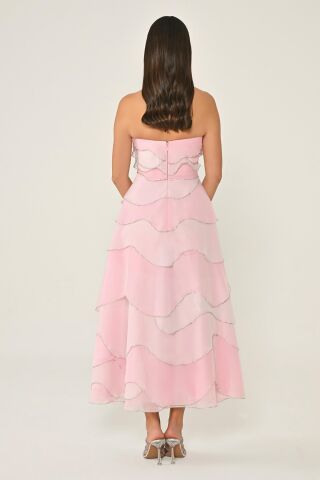 Trägerloses, mehrlagiges Organza-Midikleid mit Steinbesatz