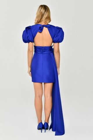 Taşlı File Kol V Yaka Yandan Kuyruklu Tafta Kumaş Kısa Elbise SAKS - 42