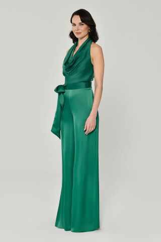 Degaje Belden Bağlamalı Bol Paça Saten Uzun Tulum Yeşil - 44