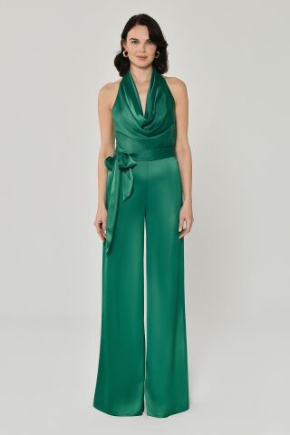 Degaje Belden Bağlamalı Bol Paça Saten Uzun Tulum Yeşil - 44